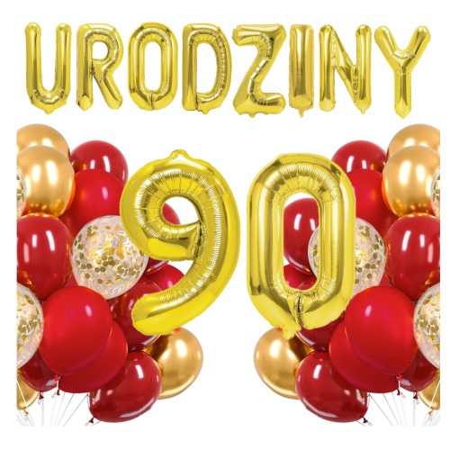 Zestaw balonów złoto czerwonych na 90 Urodziny Cyfry.png