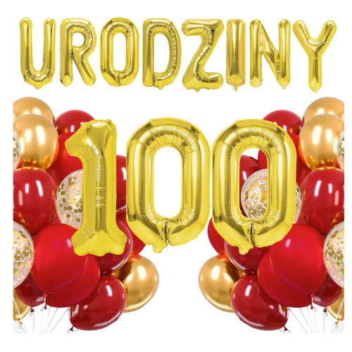 Zestaw balonów złoto czerwonych na 100 Urodziny Cyfry