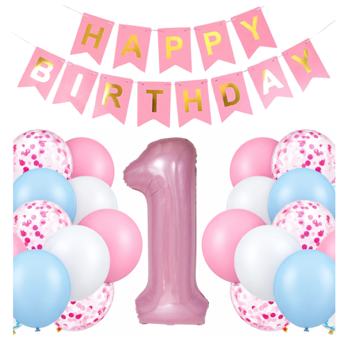 BALONY Roczek Dziewczynki cyfra 1 pudrowy róż 100cm Baner Happy Birthday
