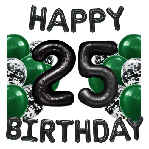 Zestaw balonów na 25 urodziny cyfry czarne 100cm butelkowa zieleń napis.png