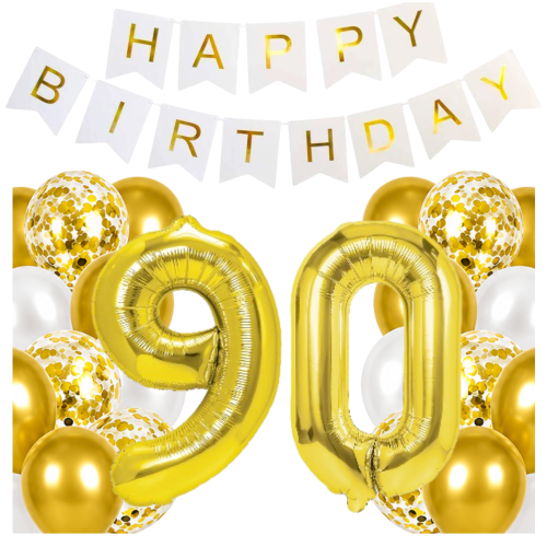 Balony na 90 urodziny cyfry 100cm złote Baner Happy Birthday zestaw HEL.png