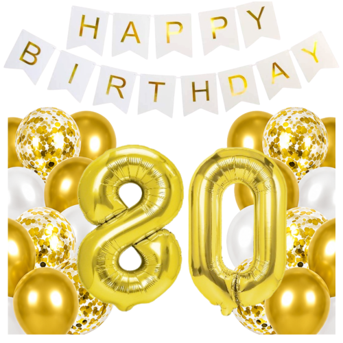 Zestaw balonów na 80 Urodziny cyfry złote baner Happy Birthday