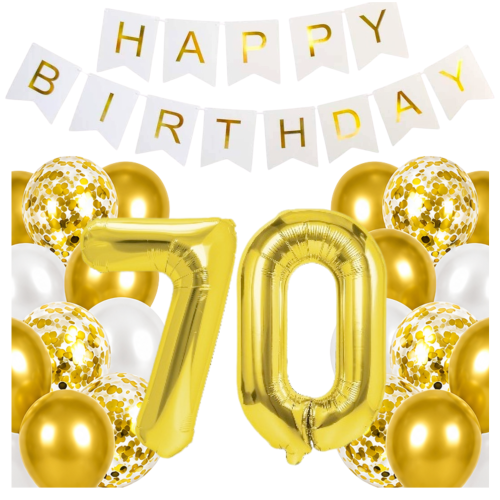 Balony na 70 urodziny cyfry 100cm złote Baner Happy Birthday zestaw hel