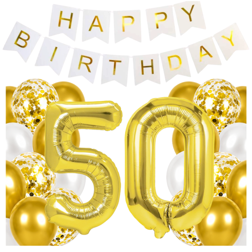 Balony na 50 urodziny cyfry 100cm złote Baner Happy Birthday zestaw hel