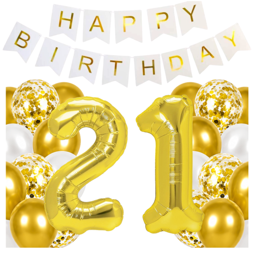 Balony na 21 urodziny 12 cyfry 100cm złote Baner Happy Birthday zestaw hel