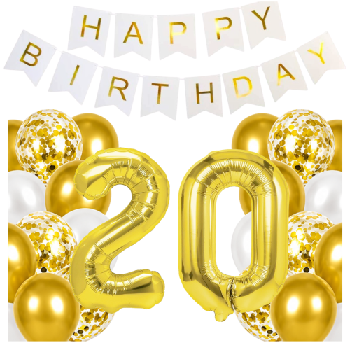 Zestaw balonów na 20 Urodziny cyfry złote baner Happy Birthday