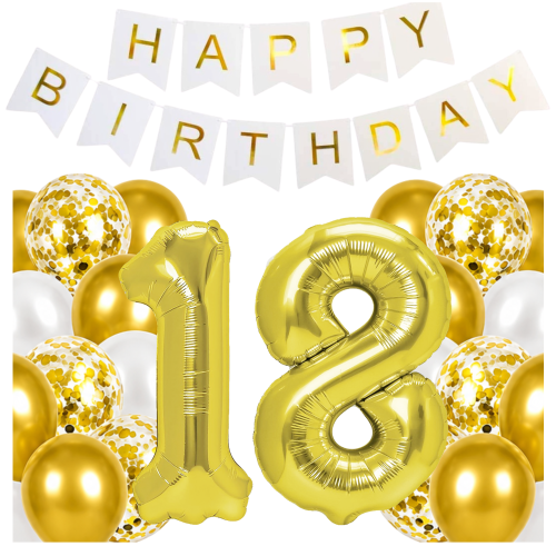 Balony na 18 urodziny cyfry 100cm złote Baner Happy Birthday zestaw hel