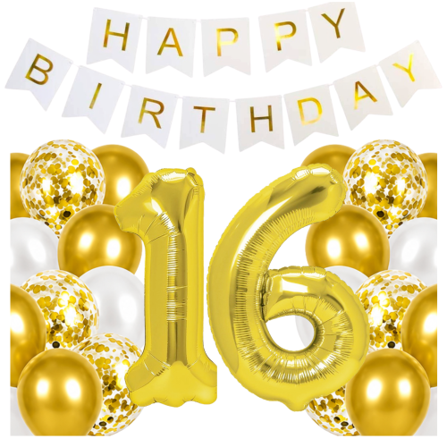 Balony na 16 urodziny cyfry 100cm złote Baner Happy Birthday zestaw hel.png