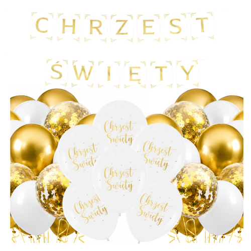 Zestaw na Chrzest Święty Balony biało złote Baner Girlanda Chrzciny HEL.png