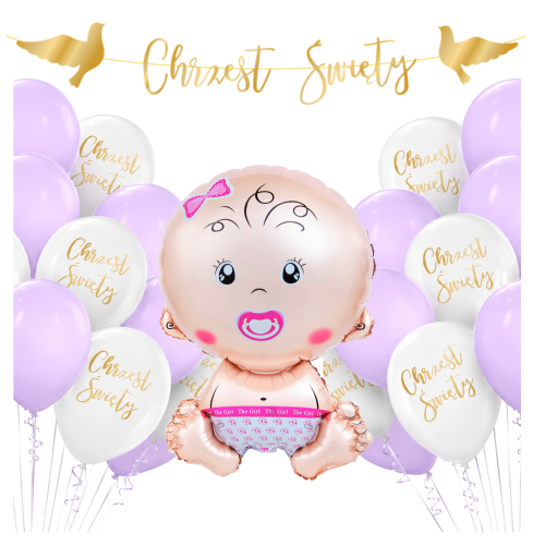 Zestaw na Chrzest Święty Dziewczynki liliowe balony Baner Girlanda złota.png