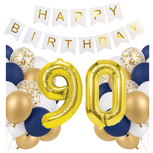 Zestaw balonów na 90 urodziny cyfry Baner Happy Birthday balony granatowe.png