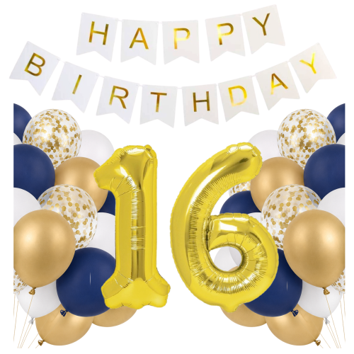 Zestaw balonów na 16 urodziny cyfry złote 100cm Girlanda Happy Birthday hel