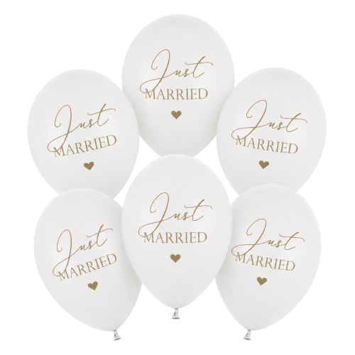 BALONY ŚLUBNE 6szt JUST MARRIED BIAŁE ZŁOTY NAPIS 30cm hel WESELE zestaw.png