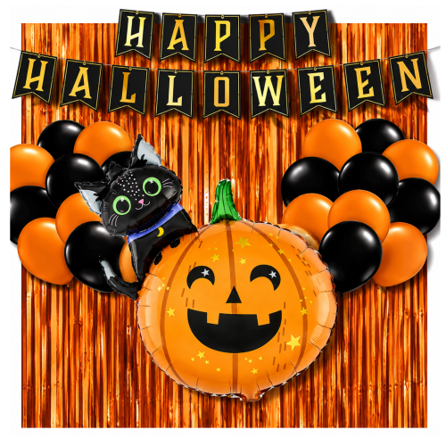 Zestaw balonów Halloween Kurtyna pomarańczowa 2m tło DYNIA z KOTEM baner.png