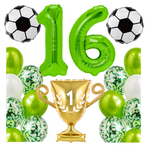 Zestaw dla piłkarza Urodziny cyfry zielone 16 100cm football piłki PUCHAR.png
