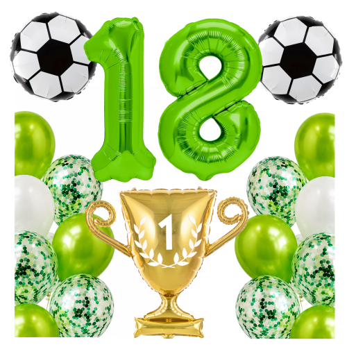 Zestaw dla piłkarza Urodziny cyfry zielone 18 100cm football piłki PUCHAR.png