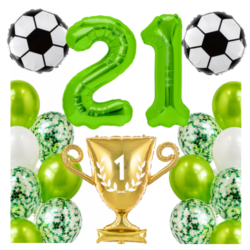 Zestaw dla piłkarza Urodziny cyfry zielone 21 100cm football piłki PUCHAR.png