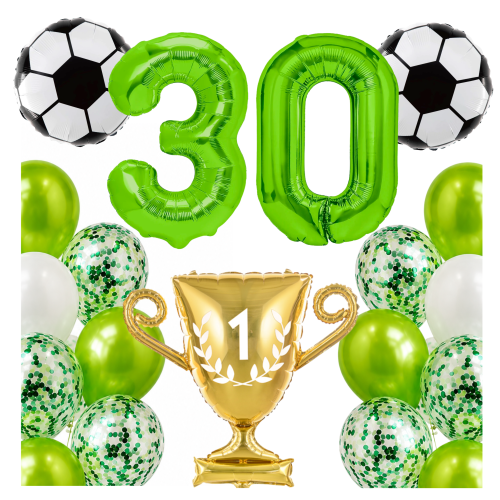 Zestaw dla piłkarza Urodziny cyfry zielone 30 100cm football piłki PUCHAR.png