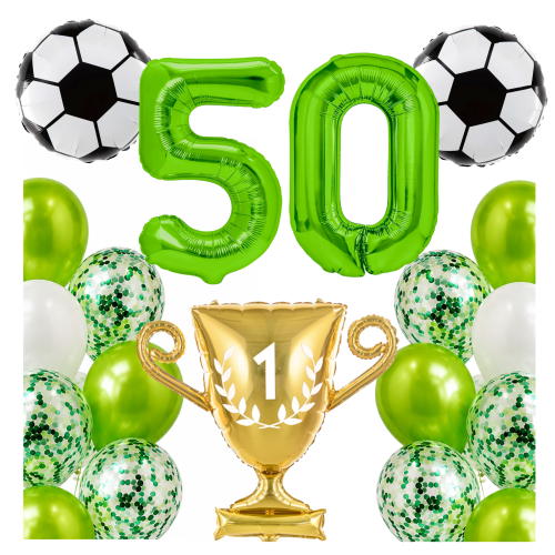 Zestaw dla piłkarza Urodziny cyfry zielone 50 100cm football piłki PUCHAR.png