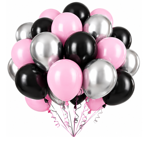 Zestaw balonów lateksowych różowo czarne srebrne Balony na 18stkę Urodziny.png