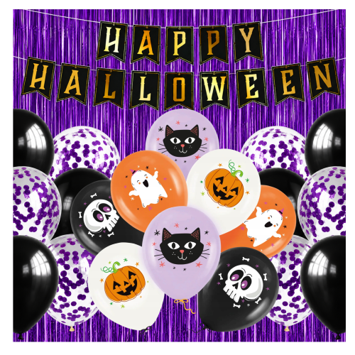 Zestaw Balonów Halloween Fioletowa Kurtyna Happy Halloween Dekoracja Tło do Zdjęć.png