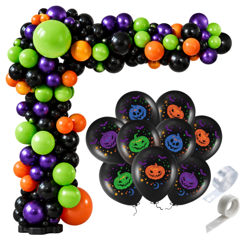Girlanda balonowa na Halloween Fioletowo czarna Dynie balony zestaw taśma.png