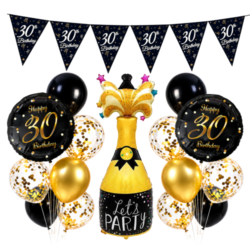 Balony 30 Urodziny 30stka Złoto czarny zestaw Baner Flagi Birthday SZAMPAN.png