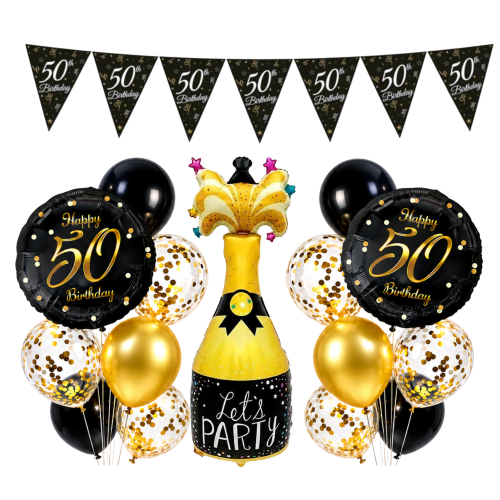 Balony 50 Urodziny 50tka SZAMPAN Baner Happy Birthday Złoto czarny zestaw.png