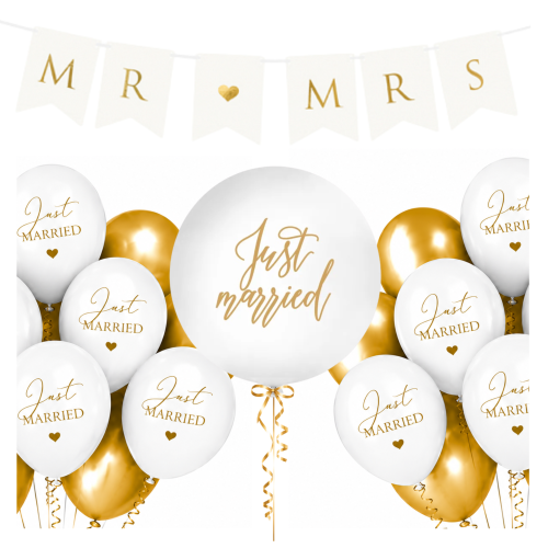 Zestaw balonów na Wesele ślub biało złote Mrs Mr Just Married Balony Białe