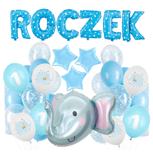 Zestaw balonów roczek chłopca niebieskie BOY Baby blue konfetti napis SŁOŃ.png