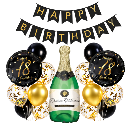 Balony 18 Urodziny 18stka Złoto czarny zestaw Baner Happy Birthday SZAMPAN.png