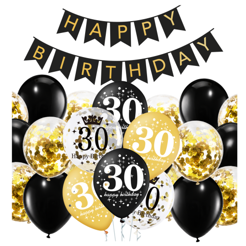 Balony na 30 urodziny baner Happy Birthday czarny 30stkę Zestaw balonów.png