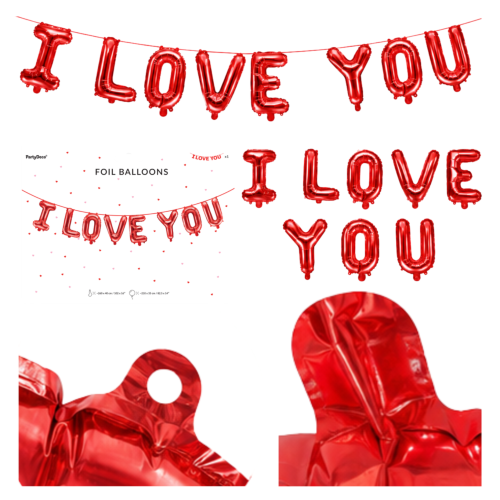 Balon foliowy napis I LOVE YOU czerwony  Rozmiar przed napompowaniem: 260x40 cm   Rozmiar po napompowaniu: 210x35 cm
