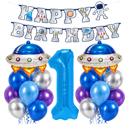 Balony Kosmos na ROCZEK UFO cyfra 1 Baner Happy Birthday girlanda zestaw.png