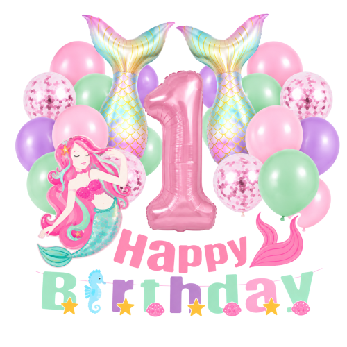 Balony na Roczek Syrenka Ogon Cyfra 1 różowa Zestaw Baner Happy Birthday.png