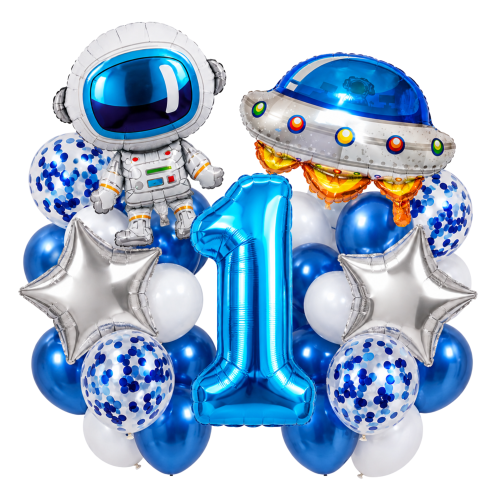 Balony na urodziny chłopca CYFRA DOWOLNA 0-9 100cm Kosmos Astronauta UFO.png