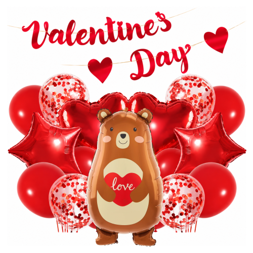 Zestaw balonów na Walentynki Valentines Day Baner Miś Serce czerwone Balony.png