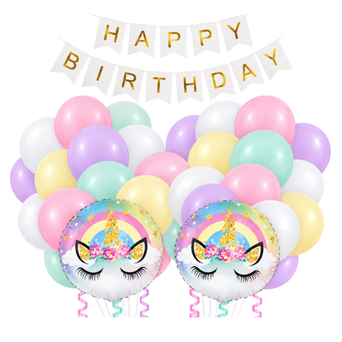 Zestaw balonów JEDNOROŻCE Urodziny Dziewczynki Baner Happy Birthday.png