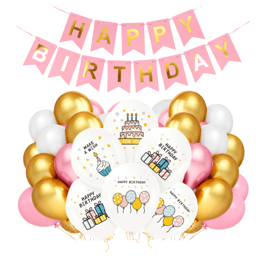 Zestaw balonów na Urodziny dla dziewczynki Roczek Baner Happy Birthday TORT