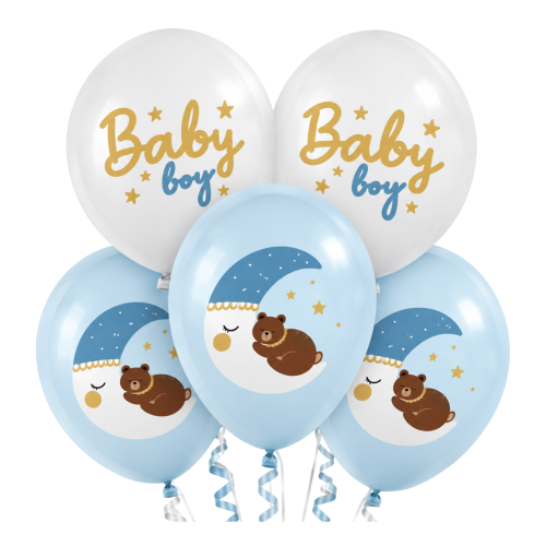 Balony lateksowe Baby Boy 5 sztuk Błękitne Powitanie w Domu Witaj Chłopiec Chłopczyk księżyc.png