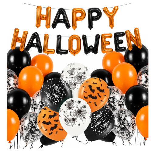 Zestaw balonów Halloween balony pomarańczowo czarne Baner Happy Halloween.png