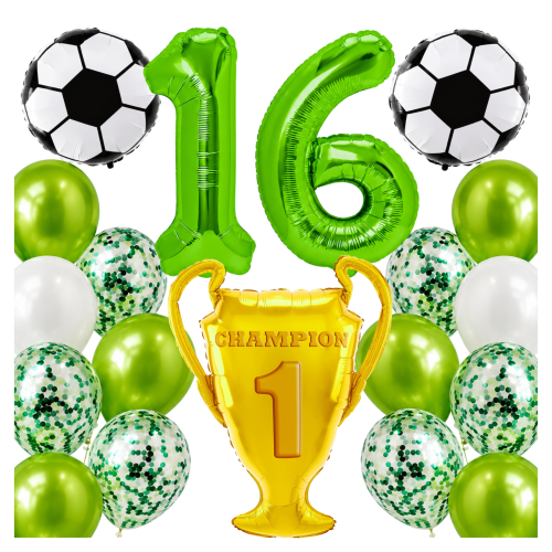 Zestaw dla piłkarza Urodziny cyfry zielone 16 100cm football piłki PUCHAR.png