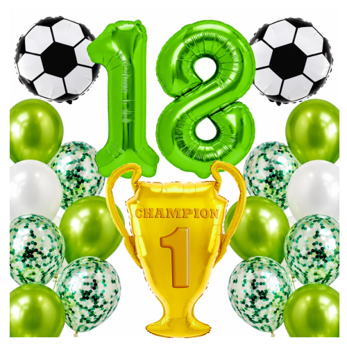 Zestaw dla piłkarza Urodziny cyfry zielone 18 100cm football piłki PUCHAR.png