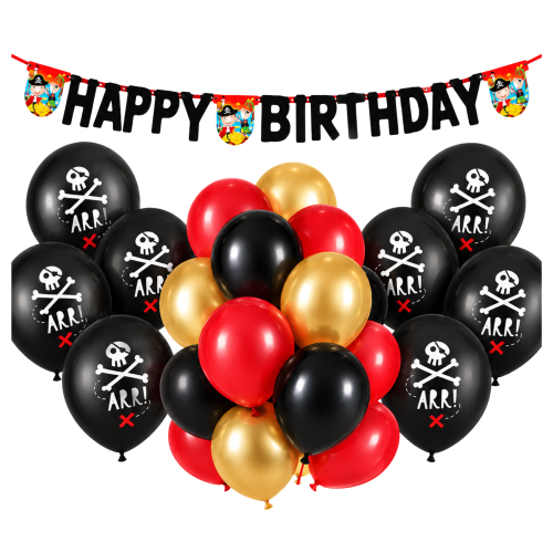 Zestaw balonów na urodziny PIRAT Czaszka Happy Birthday czarne czerwone.png