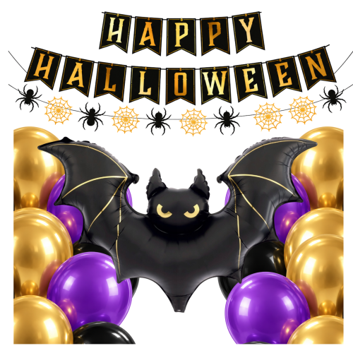 Zestaw na Halloween Baner Happy Halloween Nietoperz Girlanda Pająki Złoto Czarne.png