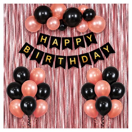 Zestaw dekoracji urodzinowych Rose Gold Czarne Balony Baner Kurtyna.png