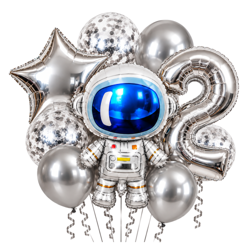 Zestaw balonów KOSMONAUTA Cyfra Srebrna 100 cm Urodziny Kosmos