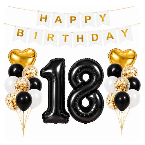 Zestaw balonów na urodziny Czarno Złoty Cyfry 100cm Serca Happy Birthday