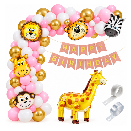 Girlanda balonowa SAFARI Na roczek dziewczynki różowa URODZINY lew taśma.png