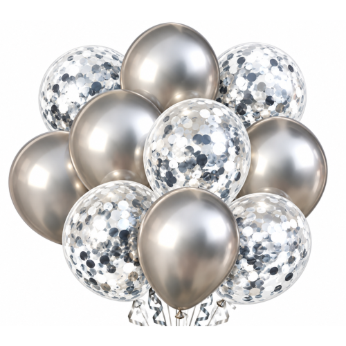 Bukiet balonów srebrny metalizowany i konfetti hel Zestaw Balony Rocznica.png